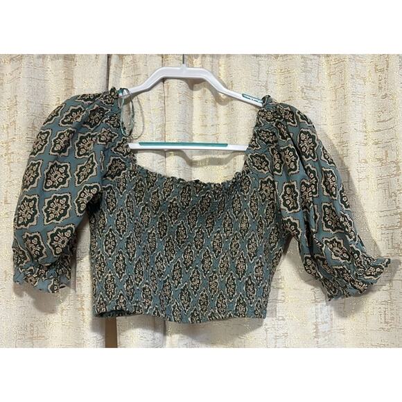 NWOT Zara Printed Crop Top Puff Sleeves Green Multi Abstract Women's Size Medium - Picture 1 of 5